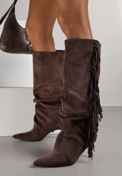 Brązowe Kozaki z Imitacji Zamszu na Szpilce z Marszczoną Cholewką z Frędzlami Linotris. Brązowe kozaki damskie Renee, z jeansu, bez obcasa, na obcasie, bez zapięcia. Za 199.99 zł.