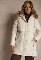 Biała Klasyczna Kurtka Parka z Kapturem z Futrem Nalisava. Białe parki damskie Renee, l, z dzianiny, z kapturem. Za 319.99 zł.