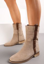 Ciemnobeżowe Płaskie Botki Ozdobione Haftem i Paskiem Boho Milosva. Brązowe botki damskie Renee, z jeansu, boho, bez obcasa, na płaskiej podeszwie, bez zapięcia. Za 139.99 zł.
