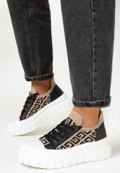 Beżowo-Czarne Sneakersy na Platformie z Geometrycznym Wzorem Lallana. Brązowe obuwie sportowe damskie Born2be, z gumy, bez zapięcia. Za 99.99 zł.