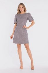 Elegancka sukienka koktajlowa z bufiastymi rękawami szara. Szare sukienki damskie Stylove, bez wzorów, z materiału, eleganckie, bez ramiączek. Za 349.00 zł.