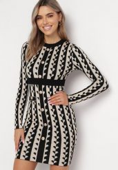 Beżowa Sweterkowa Sukienka Mini w Geometryczny Wzór Carlas. Brązowe sukienki damskie Born2be, z aplikacjami, z dzianiny, eleganckie, bez ramiączek. Za 119.99 zł.