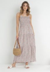 Jasnobeżowa Sukienka Rozkloszowana na Ramiączkach w Kwiaty Hasana. Brązowe sukienki damskie Born2be, bez wzorów, eleganckie, bez ramiączek. Za 149.99 zł.