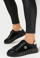 Czarno-Złote Sneakersy Skórzane na Grubej Podeszwie Cremini. Czarne obuwie sportowe damskie Born2be, na jesień, ze skóry, bez zapięcia. Za 149.99 zł.