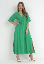 Zielona Sukienka Maxi z Gumką w Pasie i Wiązaniem na Karku Titaphine. Zielone sukienki damskie Born2be, bez wzorów, bez ramiączek. Za 169.99 zł.