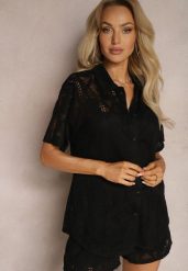 Czarna Boho Koszula z Ażurowymi Zdobieniami i Krótkimi Rękawami Danicra. Czarne koszule damskie Renee, l, z aplikacjami, z jeansu, boho, bez kołnierzyka, bez ramiączek. Za 109.99 zł.