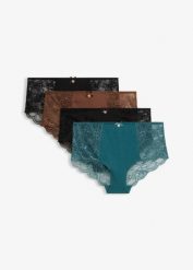 Figi panty z bawełną organiczną i koronką (4 pary). Czarne figi bonprix, bez wzorów, z bawełny. Za 75.96 zł.