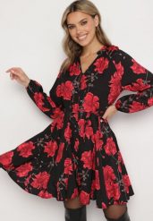 Czarno-Czerwona Rozkloszowana Sukienka w Kwiaty z Guzikami i Wiązaniem w Talii Morila. Czarne sukienki damskie Born2be, bez wzorów, z jeansu, eleganckie, bez ramiączek. W wyprzedaży za 110.49 zł.