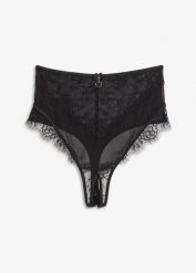 Stringi ouvert z wysoką talią. Czarne stringi bonprix, bez wzorów, z koronki. Za 59.99 zł.