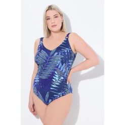 Damski Strój kąpielowy marszczenie miękkie miseczki wzór w paprocie. Niebieskie stroje jednoczęściowe Ulla Popken, bez wzorów, z elastanu. Za 244.99 zł.