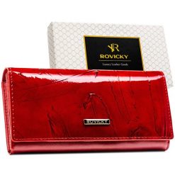 Duży lakierowany portfel damski ze skóry naturalnej i ekologicznej klasyczny poziomy na zatrzask ochrona RFID Rovicky RPN-27-YM. Brązowe portfele damskie ROVICKY, bez wzorów, z lakierowanej skóry. Za 74.99 zł.