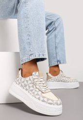 Biało-Szare Sneakersy na Grubej Podeszwie z Geometrycznym Printem Winafri. Białe obuwie sportowe damskie Born2be, bez zapięcia. Za 109.99 zł.