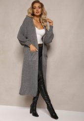 Ciemnoszary Długi Kardigan Oversize Angellona. Szare kardigany damskie Renee, bez wzorów. Za 84.99 zł.