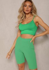 Zielone Sportowe Szorty Kolarki Prążkowane High Waist Steiama. Zielone spodenki sportowe damskie Renee, l, bez wzorów, z materiału, z podwyższonym stanem, do biegania. Za 24.99 zł.