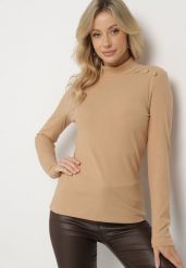 Ciemnobeżowa Bluzka z Bawełną Ozdobiona Guzikami Falida. Brązowe bluzki damskie Born2be, l, z aplikacjami, z bawełny, eleganckie, bez kołnierzyka, bez ramiączek. Za 39.99 zł.