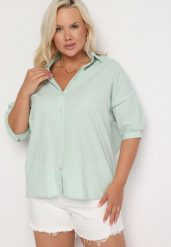 Jasnozielona Bawełniana Koszula z Krótkim Rękawem Tinalyni. Zielone koszule damskie Born2be, l, bez wzorów, z bawełny, biznesowe, bez kołnierzyka, plus size, bez ramiączek. Za 79.99 zł.