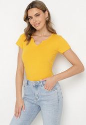 Żółty T-shirt z Bawełny z Guzikami Liseriana. Żółte t-shirty damskie Born2be, s, bez wzorów, z bawełny, bez kołnierzyka. Za 29.99 zł.