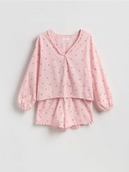 Dwuczęściowa piżama z nadrukiem - pastelowy róż. Czerwone piżamy damskie Reserved, bez wzorów, z bawełny, bez ramiączek. Za 139.99 zł.