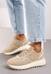 Ciemnobeżowe Sneakersy na Płaskiej Podeszwie Ozdobione Geometrycznym Wzorem Erimaraes. Brązowe obuwie sportowe damskie Renee, na wiosnę, z jeansu, bez zapięcia. Za 99.99 zł.