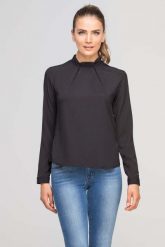 Czarna Bluzka ze Stójką. Czarne bluzki damskie Lanti, l, bez wzorów, z lycry, bez kołnierzyka, bez ramiączek. Za 169.90 zł.