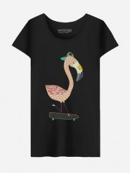 WOOOP Koszulka "Flamingo Skater" w kolorze czarnym rozmiar: XL. Czarne bluzki damskie Wooop, xl, bez wzorów, z bawełny, bez kołnierzyka, bez ramiączek. Za 56.99 zł.