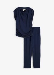 Bluzka i spodnie (2 części) z mieszanki wiskozy. Niebieskie kombinezony damskie bonprix, bez wzorów, z wiskozy, bez kołnierzyka, bez ramiączek. Za 149.99 zł.