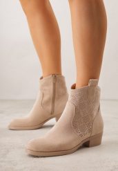 Ciemnobeżowe Botki Ażurowe na Obcasie w Stylu Kowbojek Lalona. Brązowe botki damskie Born2be, z dzianiny, bez obcasa, na obcasie, bez zapięcia. Za 119.99 zł.