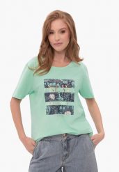 Koszulka z printem, Comfort Fit, T-ROMANCE. Zielone koszulki damskie Volcano, l, bez wzorów, z bawełny, bez kołnierzyka, bez ramiączek. Za 59.99 zł.