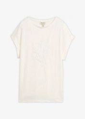 Lekki T-shirt z czystego lnu z haftem. Białe t-shirty damskie bonprix, z aplikacjami, ze lnu, bez kołnierzyka. Za 119.99 zł.