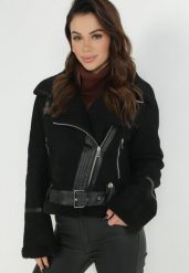Czarna Kurtka Biker z Imitacji Zamszu i Kożuszka Ves. Czarne kurtki damskie Born2be, l, bez wzorów, bez kaptura. Za 369.99 zł.