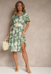 Ciemnozielona Sukienka Pudełkowa z Wiskozy w Kwiaty Aranolia. Zielone sukienki damskie Renee, bez wzorów, z jeansu, eleganckie, bez ramiączek. W wyprzedaży za 75.99 zł.
