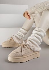 Beżowe Wsuwane Śniegowce w Rustykalnym Stylu z Kokardą i Futrem Tusora. Brązowe śniegowce damskie Born2be. Za 99.99 zł.