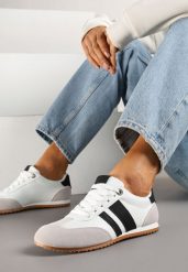 Białe Sneakersy z Geometrycznymi Paskami Desmira. Białe obuwie sportowe damskie Renee, z jeansu, bez zapięcia. Za 74.99 zł.
