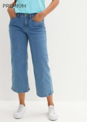 Dżinsy Wide Leg, mid waist, cropped. Niebieskie jeansy damskie bonprix. Za 149.99 zł.