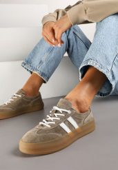 Ciemnobeżowe Skórzane Sneakersy w Stylu Kultowych Tenisówek Rerionelle. Brązowe obuwie sportowe damskie Born2be, z jeansu, bez zapięcia, tenisowe. Za 189.99 zł.