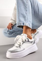 Biało-Srebrne Sneakersy z Cholewką z Licznymi Wstawkami na Grubej Podeszwie Lenarise. Białe obuwie sportowe damskie Renee, z dresówki, bez zapięcia. Za 89.99 zł.