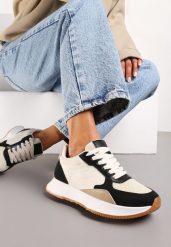 Czarno-Beżowe Sneakersy z Siateczkową Wstawką na Nosku Hlimeltia. Brązowe obuwie sportowe damskie Renee, z dresówki, bez zapięcia. Za 89.99 zł.