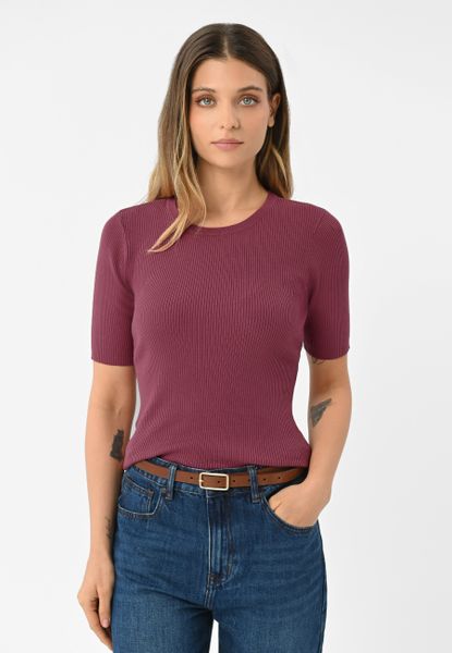 Dzianinowa koszulka w prążek TM-ELDA. Czerwone koszulki damskie Volcano, s, bez wzorów, z dzianiny, bez kołnierzyka, bez ramiączek. Za 99.99 zł.