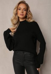 Czarny Gładki Sweter Golf ze Ściągaczami Germifa. Czarne golfy damskie Renee, bez wzorów, z jeansu, bez ramiączek. Za 99.99 zł.