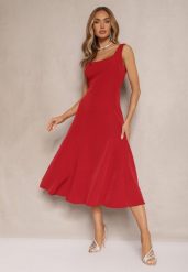 Bordowa Rozkloszowana Sukienka w Klasycznym Stylu Deslene. Czerwone sukienki damskie Renee, bez wzorów, eleganckie, bez ramiączek. W wyprzedaży za 76.99 zł.