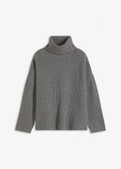 Prążkowany sweter z golfem. Szare golfy damskie bonprix, bez wzorów, prążkowane, bez ramiączek. Za 114.99 zł.