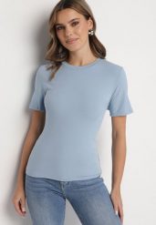 Niebieski Wiskozowy T-shirt w Klasycznym Stylu Arivoria. Niebieskie t-shirty damskie Born2be, m, z aplikacjami, z jeansu, bez kołnierzyka. Za 44.99 zł.