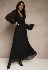 Czarna Rozkloszowana Sukienka z Siateczki w Kwiatowy Wzór Fezuna. Czarne sukienki damskie Renee, bez wzorów, z materiału, bez ramiączek. Za 189.99 zł.