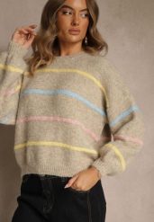 Beżowy Sweter o Nietoperzowym Fasonie z Dodatkiem Wełny w Paseczki Ralinatia. Brązowe swetry klasyczne damskie Renee, z jeansu, bez kołnierzyka. Za 149.99 zł.