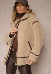 Beżowa Futerkowa Kurtka o Kroju Oversize z Wysokim Kołnierzem z Paskiem z Klamerką Toriara. Brązowe kurtki damskie Renee, l, bez wzorów, bez kaptura. Za 339.99 zł.