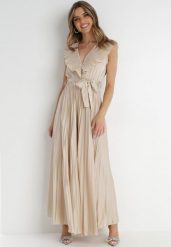 Beżowy Kombinezon Plisowany Actithoe. Brązowe sukienki damskie Born2be, bez wzorów, z materiału, eleganckie, bez ramiączek. Za 259.99 zł.