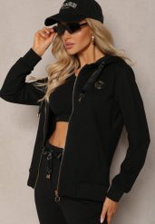 Czarna Bluza z Kapturem na Suwak z Metalową Aplikacją Jevase. Czarne bluzy damskie Renee, xs, z aplikacjami, z jeansu, z kapturem. Za 44.99 zł.