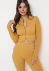 Żółta Krótka Bluza z Prążkowanego Materiału Zapinana na Suwaki Idendia. Żółte bluzy damskie Born2be, bez wzorów, z jeansu, bez kaptura. Za 34.99 zł.