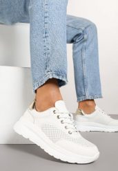 Białe Sneakersy Skórzane z Perforacją i Metaliczną Aplikacją Milami. Białe obuwie sportowe damskie Renee, z jeansu, bez zapięcia. Za 159.99 zł.