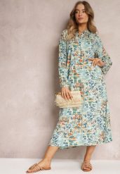 Miętowa Rozkloszowana Sukienka w Abstrakcyjny Wzór i Górą Zapinaną na Guziki Skylare. Zielone sukienki damskie Renee, bez wzorów, z wiskozy, eleganckie, bez ramiączek. W wyprzedaży za 91.99 zł.